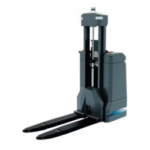 Electric pallet stacker with tall mast and two parallel forks ready to lift pallets