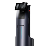 Black and blue vape mod with a top mounted screen, vertical blue LED indicator, and side controls.