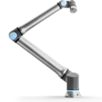 Industrial robotic arm with stainless steel segments and blue joints, curved in an open position against a transparent background.