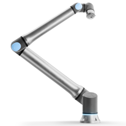 Articulated silver robotic arm with blue joints, shown folded with a gripper at the end.