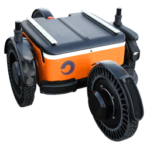Autonomous orange pool cleaning robot with large wheels and suction hoses, designed to scrub and vacuum pool floors.