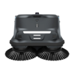 Autonomous floor cleaning robot with two wide rotating side brushes for sweeping floors.
