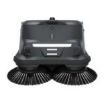 Floor cleaning machine base with two circular side brushes and a cleaning deck.