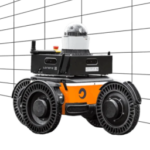 Small orange and black wheeled service robot with a white dome camera on top, set against a grid background.
