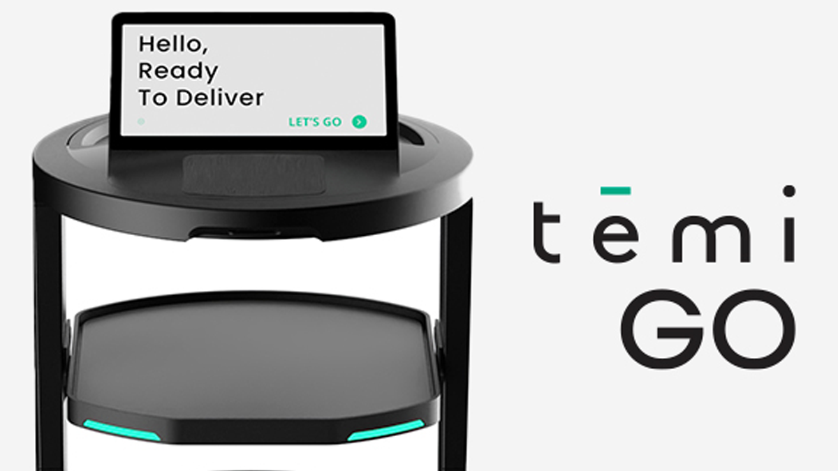 Autonomous delivery robot with a tablet-style screen showing 'Hello, Ready To Deliver' beside the Temi GO branding on the right.