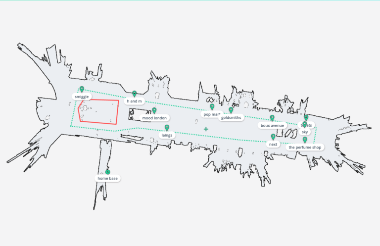 A screenshot of a robot's mapping software, showing the map of a shopping centre with various locations.