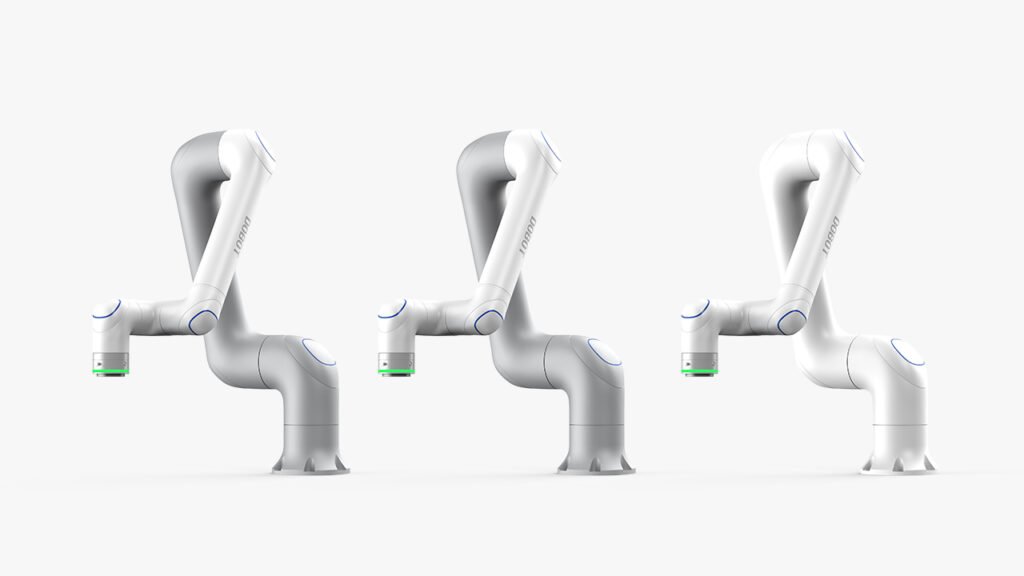 Three CR 30H robot arms lined up, in different shades of grey to white.
