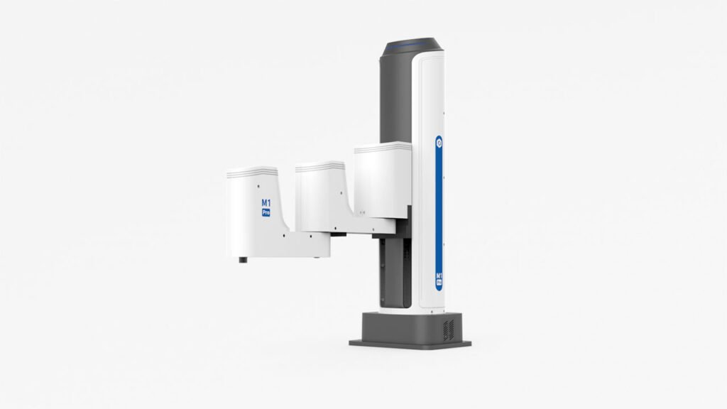 A vertical white cylinder shaped robot with a black trim and blue accents. An end-effector is unfurled mid-way through it's cylinder shaped chassis.
