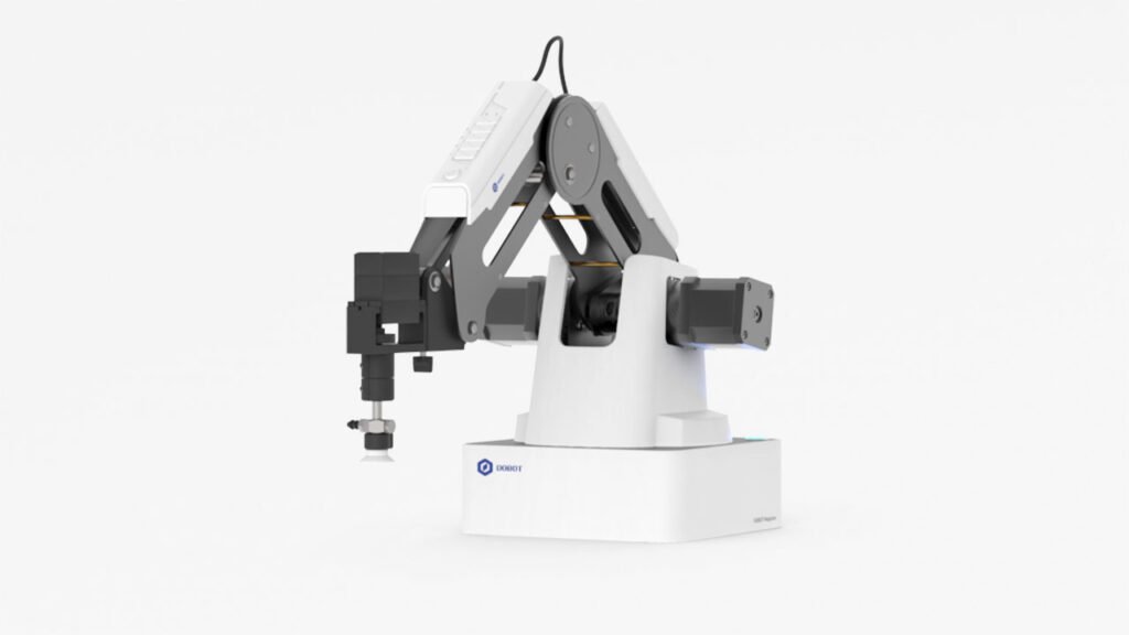 DoBot robotic arm mounted on a white base with multiple gray joints and a gripper at the end.