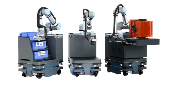 Three autonomous mobile robots with articulated arms for material handling: blue bins on the left unit, middle unit idle, orange container on the right unit