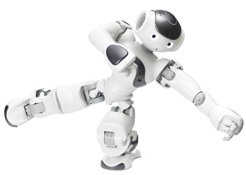 White NAO humanoid robot balancing on one leg with arms extended in a dynamic pose, facing forward.