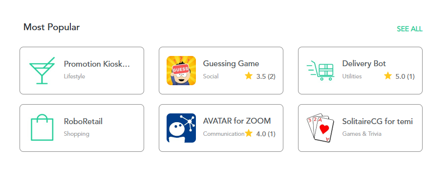 Most Popular: six app cards showing Promotion Kiosk, Guessing Game, Delivery Bot, RoboRetail, AVATAR for ZOOM, and SolitaireCG for temi with icons and categories like Lifestyle, Social, Utilities, Shopping, Communication, and Games & Trivia.