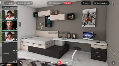 Modern home office/bedroom combo with a white desk, bed, floating shelves, and a horse photo on the wall during a video call.