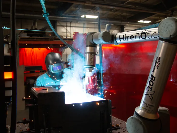 Welding robot arm labeled Hirebotics welding a metal workpiece while a person in a welding helmet watches nearby.