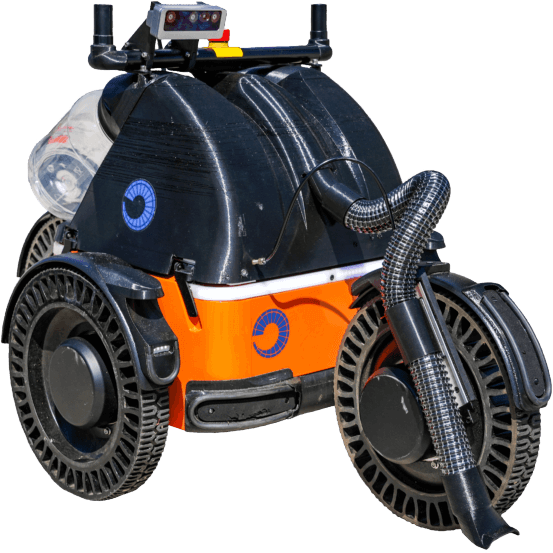 Robotic pool cleaner with orange body and large wheels, hoses attached for suction and cleaning.