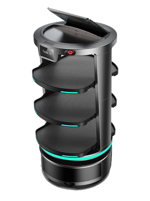 The back side of a temi Go robot. It has a large tablet screen on the top, and 3 shelves. There is an emergency stop button to halt all motors.