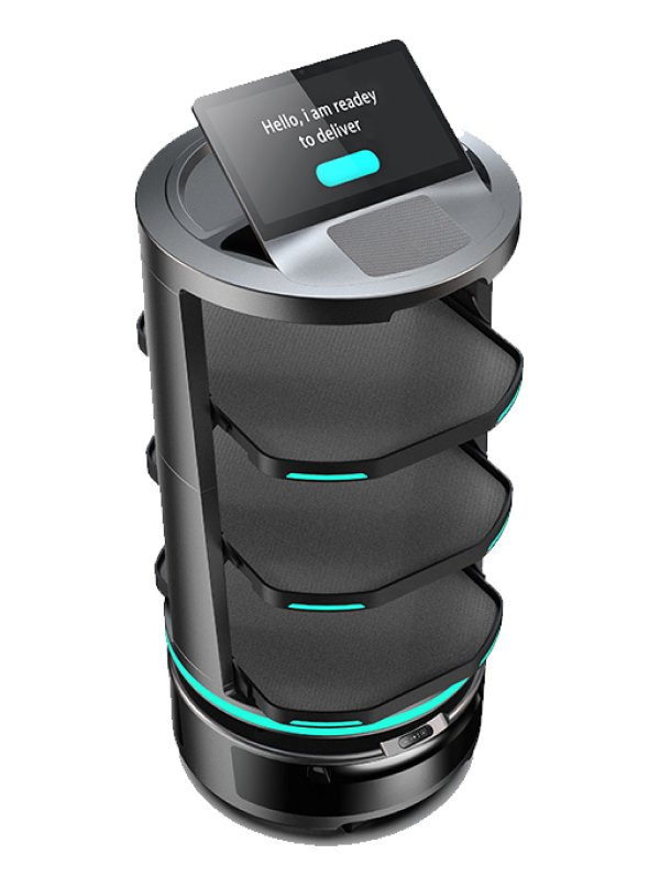 The front side of a temi Go robot. It has a large tablet screen on the top, and 3 shelves.