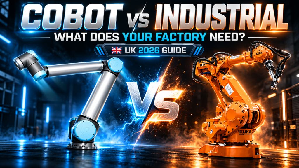 Cobot vs industrial robot comparison: collaborative robot arm next to a guarded industrial robot